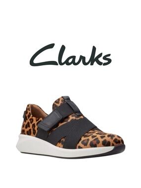 Clarks Leopard-Pattern Slip-On Sneakers with Black Straps
